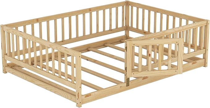 Bellemave Ful Montessori Floor Bed with 21.5" High Rails and Slats, Pine,Plywood Floor Bed with Small Door, Natural