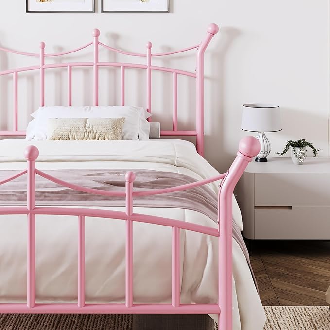 Allewie 14 Inches Twin Size Metal Platform Bed Frame with Elegant Crown Iron-Art Headboard & Footboard, Sturdy Mattress Foundation with Under-Bed Storage, Easy Assembly, No Box Spring Needed, Pink