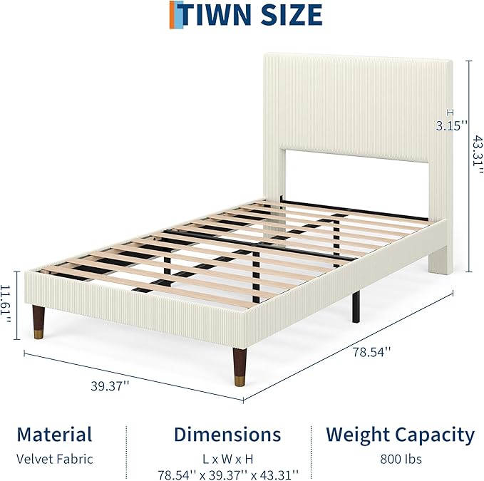 GarveeHome Twin Size Bed Frame with Upholstered Headboard and Strong Wooden Slats Support, Soft Corduroy Fabric Platform Bed, No Boxing Spring Needed, Easy Assembly, Beige