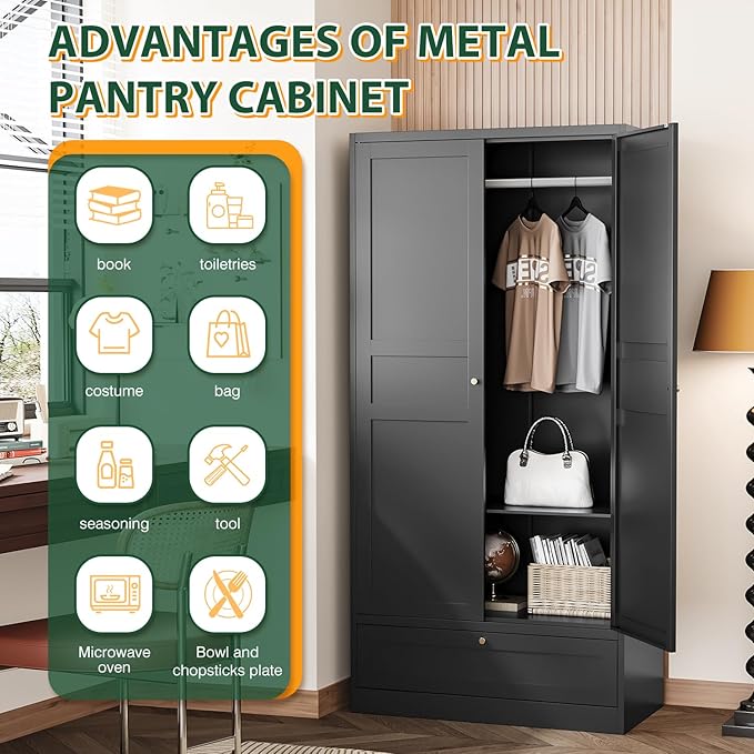 Letaya Wardrobe Closet,72" H Clothing Metal Storage Cabinet with Storage Drawer Adjustable Shelves and Hanging Rod,Bedroom Armoire Cabinet Clothes Organizer (Black) | Storage Drawer, Adjustable Shelves, Hanging Rod, Armoire Cabinet, Clothes Organizer