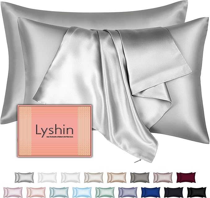Silk Pillow Cases 2 Pack King Size with Hidden Zipper, Mulberry Silk Pillowcase for Hair and Skin, Smooth and Soft Breathable Cooling Silk Satin Pillowcase Set of 2, Gifts for Women，Light Grey