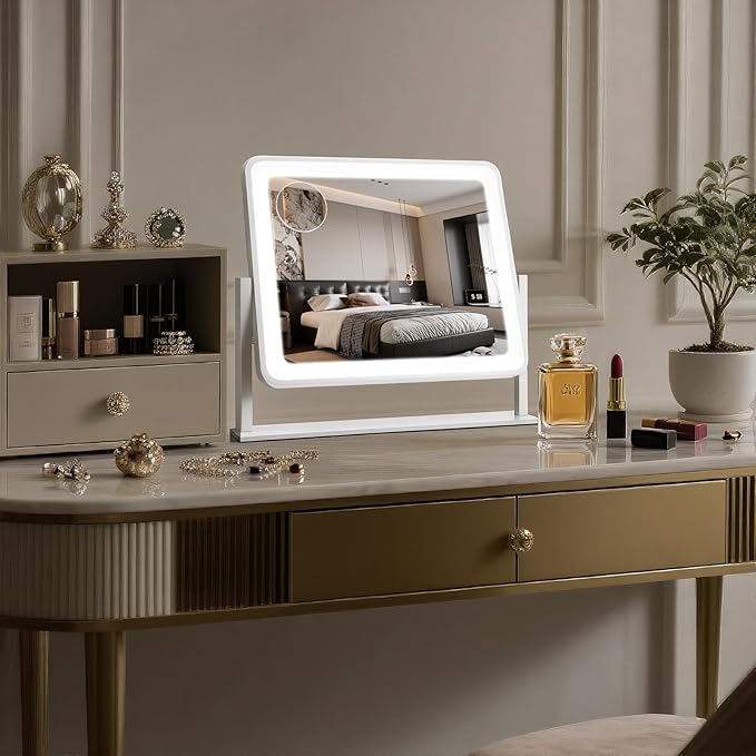 Vanity Mirror with Lights, 14"×12" LED Makeup Mirror, HD Professional Mirror, 10X Magnification, Smart Touch with 3-Color Lighting, Dimmable, 360° Rotation, Lighted Up for Makeup Desk, Bedroom (White)