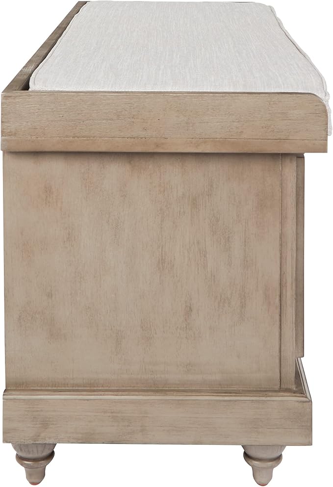 OSP Home Furnishings Dover Coastal Lift-Top Storage Bench with Shutter Face Styling, Antique Grey Finish with Off-White Linen Fabric Cushion