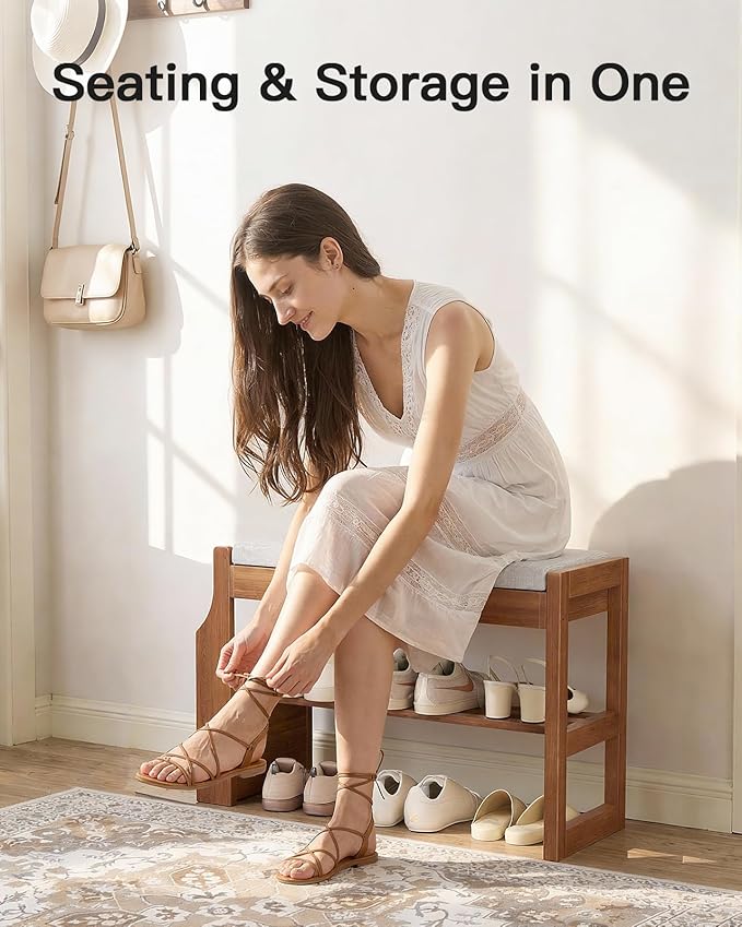 Pipishell 26″ Solid Pine Wood Shoe Rack Bench with Soft Cushion, 2 Tiers Shoe Storage Organizer with Lift-Top Storage and Side Holder, Holds up to 440 lbs, Shoe Bench for Entryway, Hallway, Bedroom