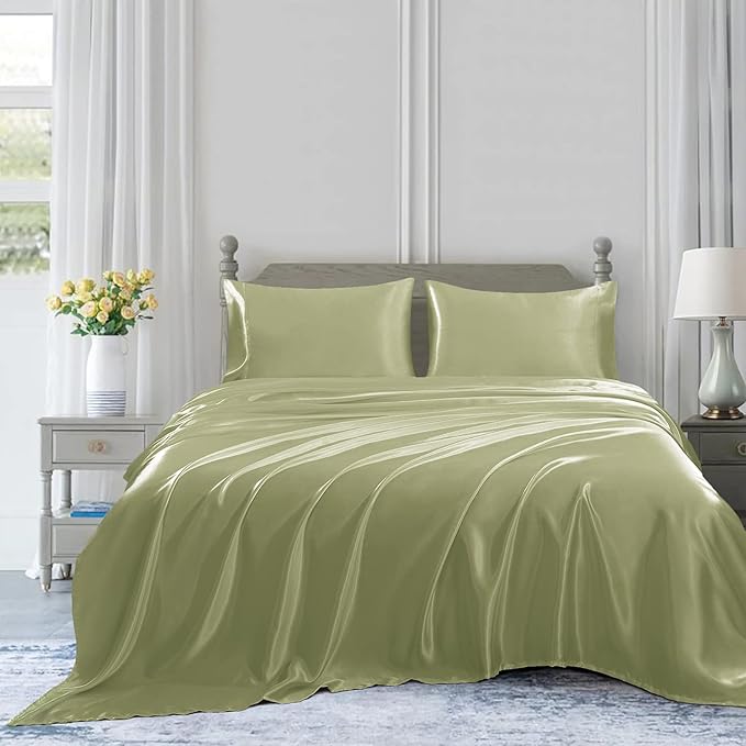 Homiest 4pcs Satin Sheets Set Luxury Silky Satin Bedding Set with Deep Pocket, 1 Fitted Sheet + 1 Flat Sheet + 2 Pillowcases (Queen Size, Sage Green)