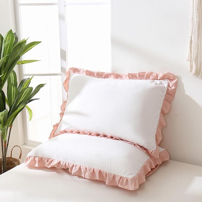 Merryword Pink Pillow Shams White and Pink Reversible Standard Pillowcases Cute Pillow Cover Set of 2 Soft Shabby Chic Ruffled Pillowcases 2 Pack (Queen (20''x30''), White Pink)