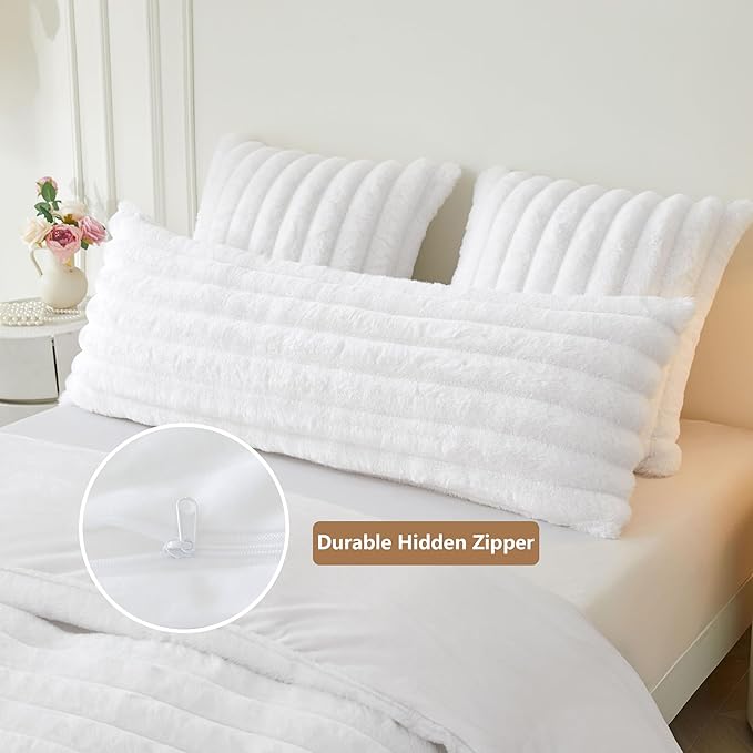 MEGO Fluffy Faux Rabbit Fur Body Pillow Cover 20x54, Luxury Soft Plush Shaggy Wide Striped Zippered Bed Pillowcase, Decor Fuzzy Furry Bedroom Long Pillow Cover for Pregnant Women Side Sleeper, White