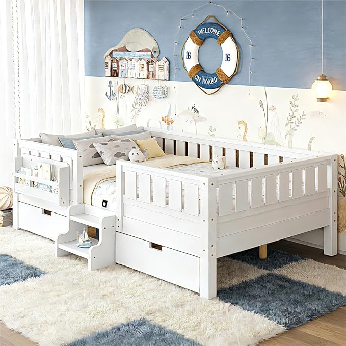 Bellemave Full Size Bed Frame with Storage Drawers & Bookshelf, Low Profile Kids Bed with Staircase & Full Length Guardrails, Solid Wood Full Size Bed Frame Kids with Slats Load 450 LBS, White