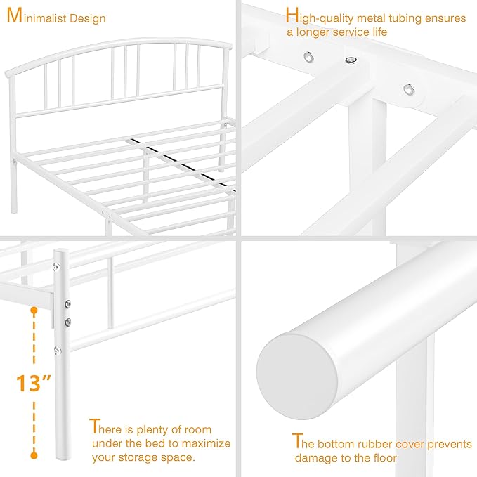 VECELO 14 inch Queen Bed Frame White Beds Metal Platform Mattress Foundation with headboard Footboard Steel Slat Support/No Box Spring Needed/Easy Assembly