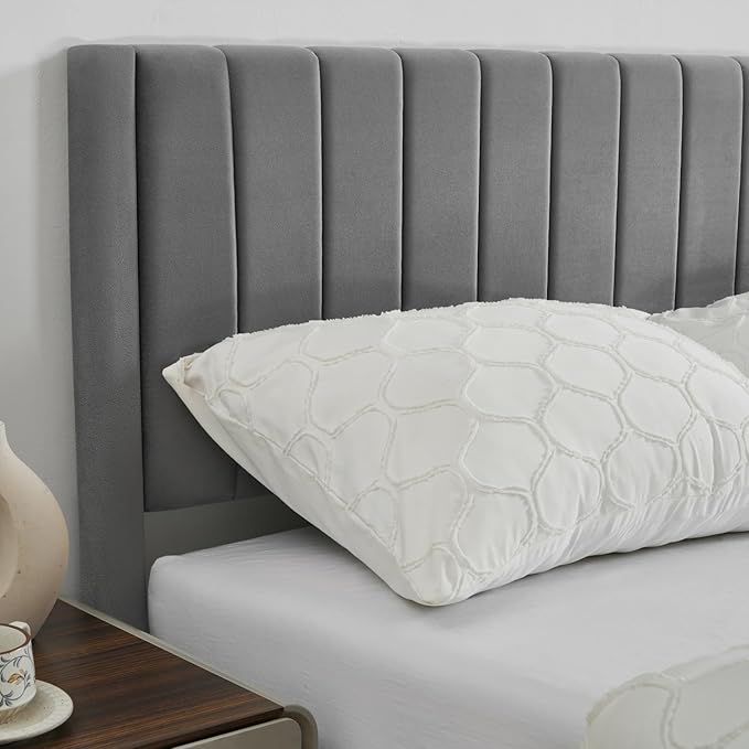 Queen Bed Frame Upholstered Platform,Queen Size Bed Frame with Velvet Headboard,Non-Slip and Noise-Free/Wooden Slats Support/No Box Spring Needed/Easy Assembly/Mattress Foundation (Grey, Queen)