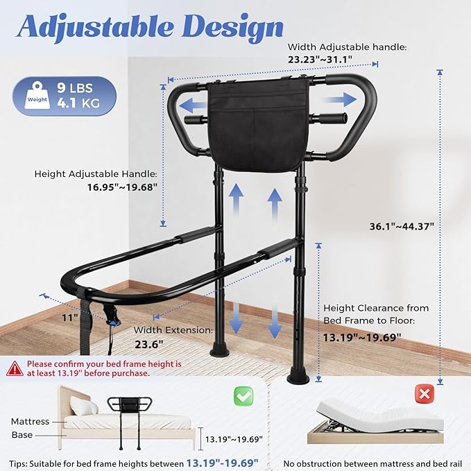 Bedside Rail for Elderly Safety Adjustable Bed Aid with Storage Pocket, Non-Slip Handle,400 lbs Gravity Capacity (Stand-Compatible with Bed Frames 13.19" or Higher) (Black)