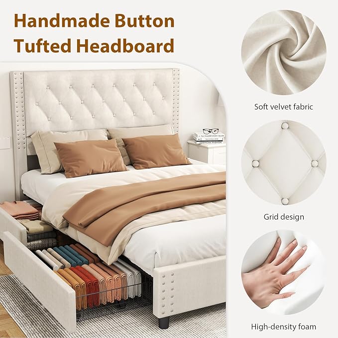 EVLIQUIL Bed Frame Queen Size with 4 Storage Drawers, Upholstered Headboard & Frame, Sturdy Metal Frame & Wood Slats, Platform Bed Frame No Box Spring Needed, Easy Assembly, Beige