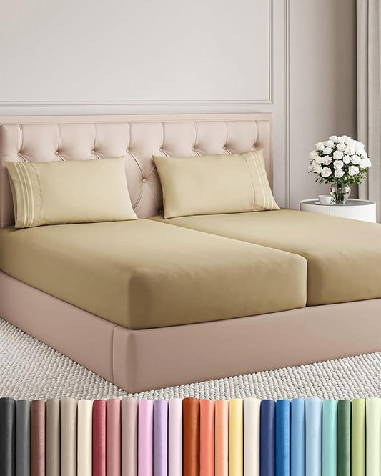 Split King Size 5 Piece Sheet Set - Comfy Breathable & Cooling Sheets - Hotel Luxury Bed Sheets for Women & Men - Deep Pockets, Easy-Fit, Soft and Wrinkle Free Sheets - Beige Oeko-Tex Bed Sheet Set
