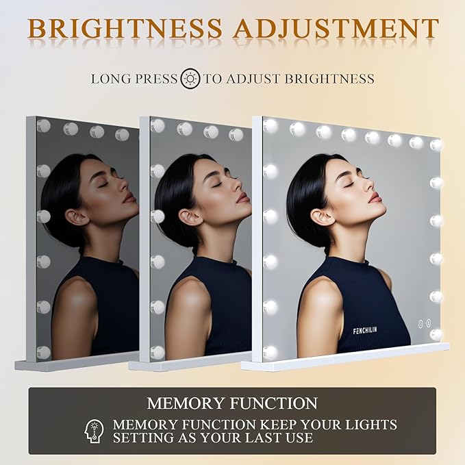FENCHILIN Vanity Mirror with Lights 32''x23'' Tempered Glass Large Hollywood Mirror with 18 Dimmable Bulbs for Makeup Table/Hanging Bluetooth Speaker Mirror with Touch Screen & USB Charge Port