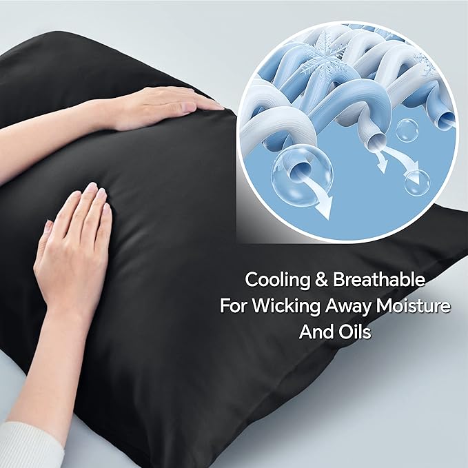 BEDELITE Pillow Cases Queen Size Set of 2, Rayon Derived from Bamboo, Cooling Pillow Cases for Hot Sleepers & Night Sweats, Breathable and Silky Soft Envelope Pillowcases(Black, 20"x30")