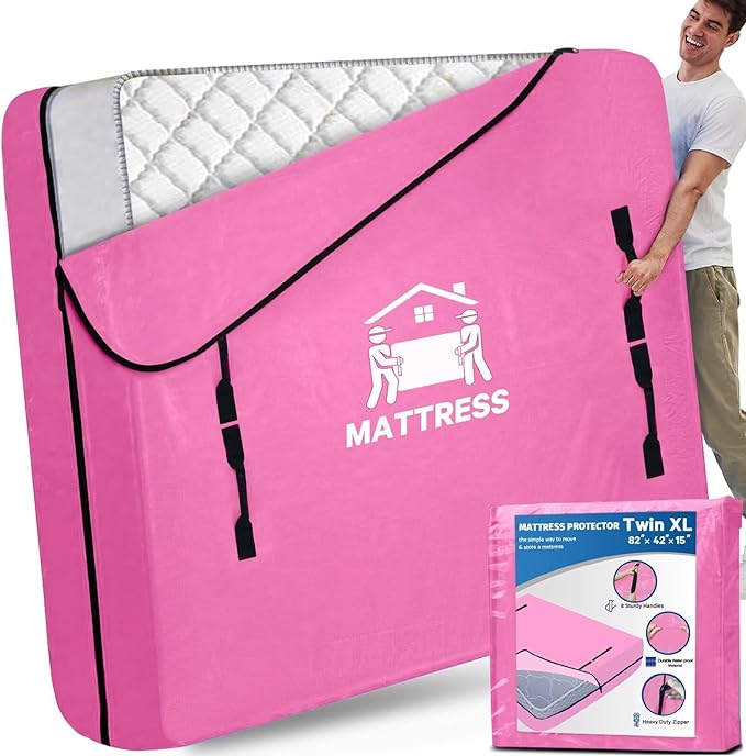 Mattress Bags for Moving, BETU Mattress Protector Waterproof Mattress Cover Storage Bags with 8 Heavy-Duty Handles and Zipper for Bed Extra Thick Large Reusable,82"x42"x15",Pink