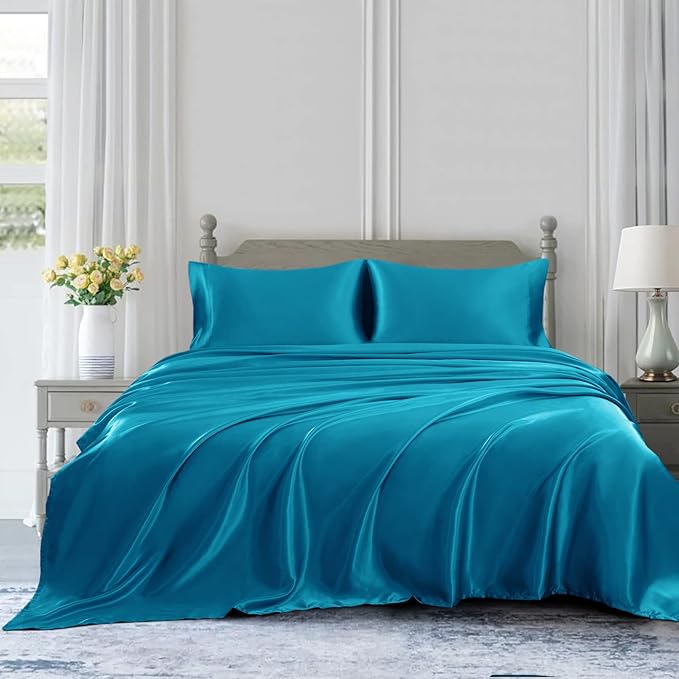 Homiest 4pcs Satin Sheets Set Luxury Silky Satin Bedding Set with Deep Pocket, 1 Fitted Sheet + 1 Flat Sheet + 2 Pillowcases (Full Size, Turquoise)
