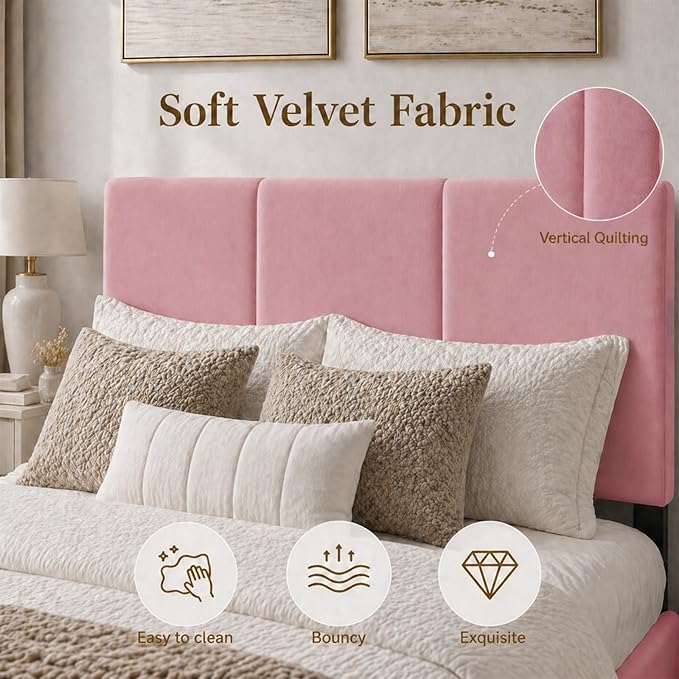 Queen Size Bed Frame with Headboard, Velvet Upholstered Platform Bed Frame, Sturdy Slatted Support for Springless Mattresses, Silent Operation, Easy to Assemble, Pink