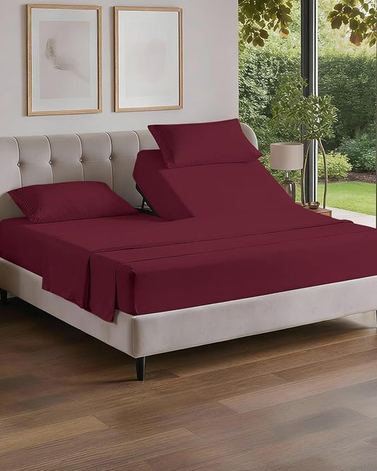 Flex Top Split Head King 4 Piece Sheet Set - Soft, Breathable & Cooling Bed Sheets Set - Hotel Luxury Bedding for Women & Men with Deep Pockets - Wrinkle Free & Fade Resistant - Oeko-Tex - Burgundy
