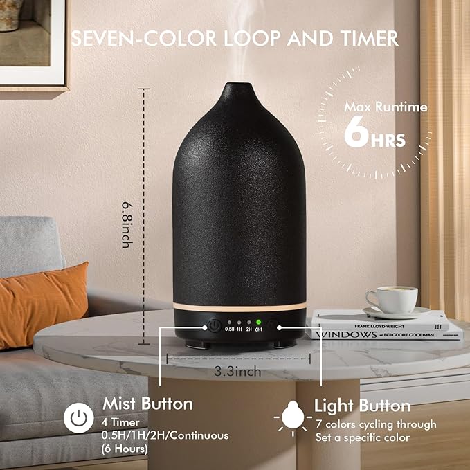 Essential Oil Diffuser Diffuser -Aromatherapy Diffuser for Essential Oils with Timer and 7 Colors LED Light Ultrasonic Diffuser with Auto Shut-Off, Home Office Decor&Gift (Black-150ml)