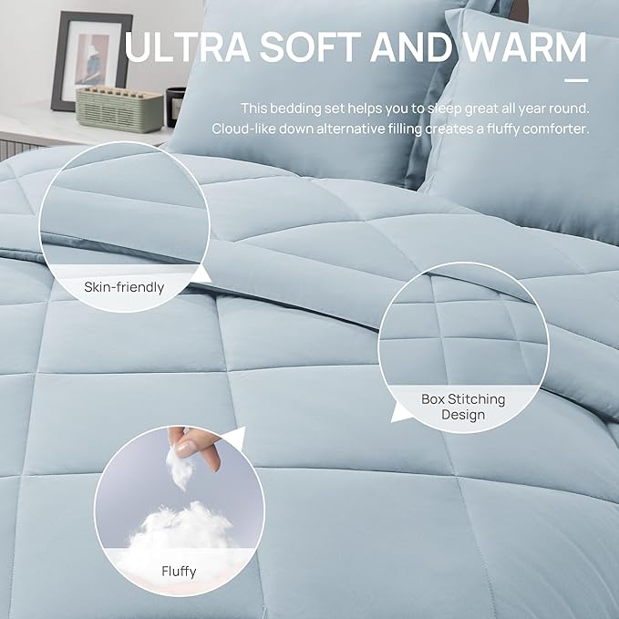 Love's cabin Queen Comforter Set Light Blue, 7 Pieces Queen Bed in a Bag, All Season Bedding Sets with 1 Comforter, 1 Flat Sheet, 1 Fitted Sheet, 2 Pillowcase and 2 Pillow Sham | Soft, Breathable, Lightweight, Comfortable