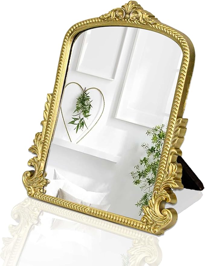 HSDDHOME Champagne Gold Vintage Vanity Mirror,Small Decorative Table Top Mirror,Baroque Arched Makeup Desk Mirror Wood Frame Free Standing,for Dresser,Bedroom,Living-Room Countertop 11.8" x 9.6"