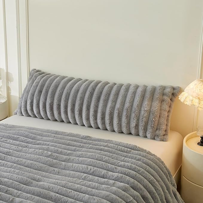 MEGO Fluffy Faux Rabbit Fur Body Pillow Cover, Cozy Plush Fuzzy Wide Striped 20x54 Body Pillowcase with Zipper, Home Decorative Shaggy Furry Ribbed Bedroom Long Pillow Cover Bed Couch Sofa, Light Grey