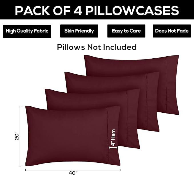 Utopia Bedding King Pillow Cases - 4 Pack - Envelope Closure - Soft Brushed Microfiber Fabric - Shrinkage and Fade Resistant Pillow Covers King Size 20 X 40 Inches (King, Burgundy)