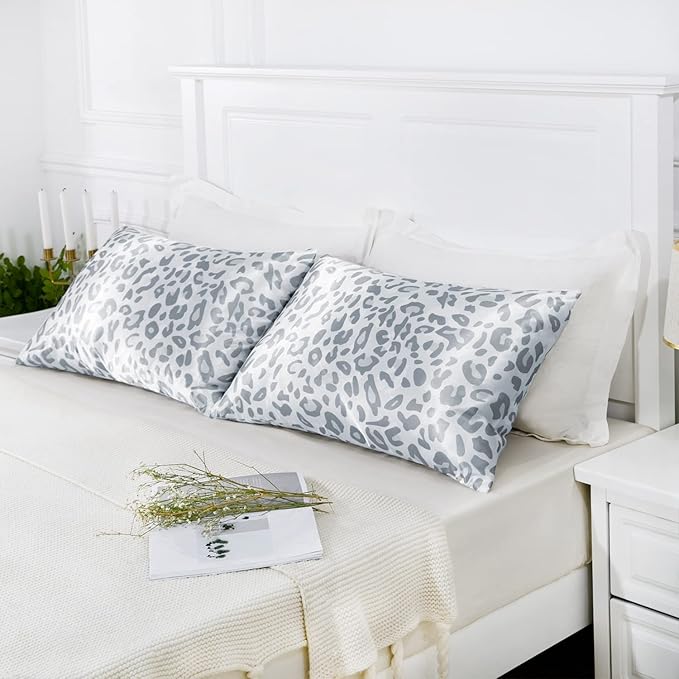 MR&HM Satin Pillowcase for Hair and Skin, Silk Satin Pillowcase 2 Pack, Queen Size Pillow Cases Set of 2, Silky Pillow Cover with Envelope Closure (20x30, Silver Leopard)