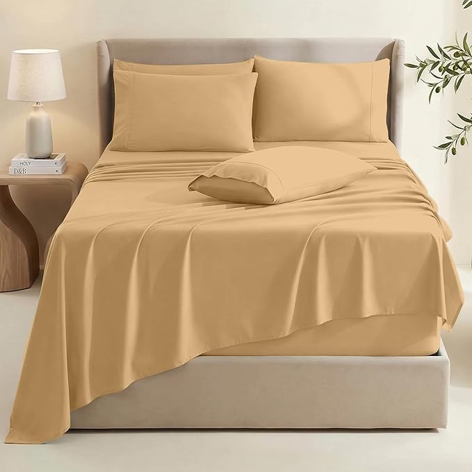 Hearth & Harbor Extra Deep Pocket Queen Sheets Sets - Fits Mattress 18-24 Inches Deep - Extra Deep Pocket Sheets - 6 Piece Queen Size - Camel