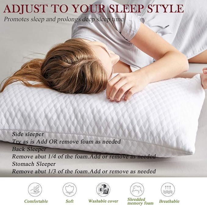 NTCOCO Shredded Memory Foam Bed Pillows for Sleeping Queen Size of 1, with Washable Removable Hypoallergenic Sleep Pillow for Back and Side Sleeper