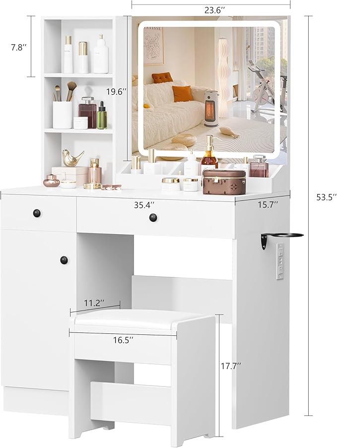 KAMABOKO Vanity Desk with Lighted and Mirror, White Makeup Table with Drawers and Charging Station, 3 Model Adjustable for Bedroom & Dressing Room (007 White)