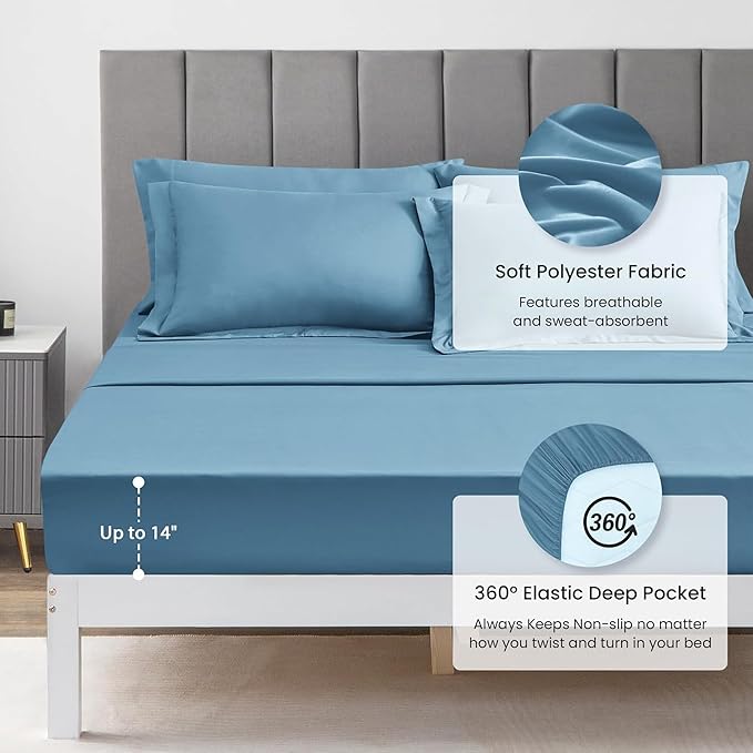 Love's cabin Twin Comforter Set Misty Blue, 5 Pieces Twin Bed in a Bag, All Season Bedding Sets with 1 Comforter, 1 Flat Sheet, 1 Fitted Sheet, 1 Pillowcase and 1 Pillow Sham | Soft, Breathable, Lightweight, Comfortable