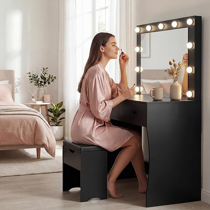 YESHOMY Vanity Desk with Mirror,Makeup Vanity Table with 11 Adjustable Lights and 2 Spacious Drawers,3 Lighting Modes with Control&Soft-Padded Storage Stool,Modern Bedroom Vanity Set,Black