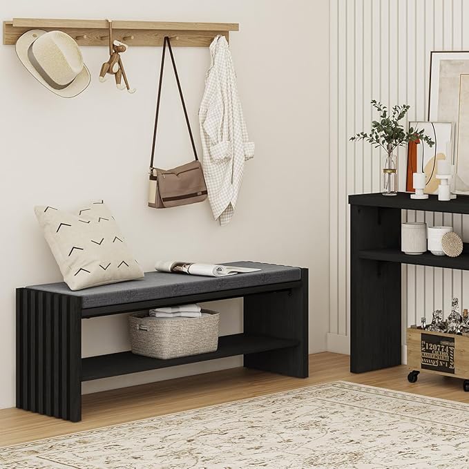 BON AUGURE 40" Entryway Shoe Bench with Storage & Cushion, Modern Fluted Shoe Rack for Mudroom, Sturdy Wooden Hallway Bench with 360 lbs Capacity, Black Oak
