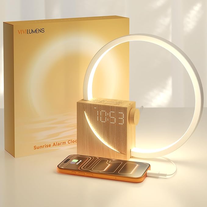 Vivilumens Sunrise Alarm Clock Sound Machine Nightlight, Gradual Wake Up Light, Digital Dimmable Clock, 10 White Noise Sleep Sounds, Snooze, Dual Clocks for Heavy Sleeper Adult, Decor Gifts for Women
