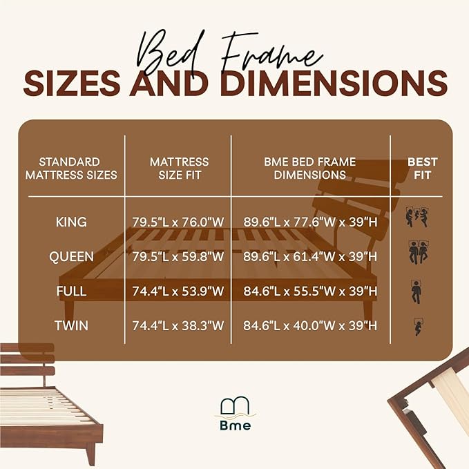 Bme Caden 15 Inch Deluxe Bed Frame with Adjustable Headboard - Mid Century, Retro Style with Acacia Wood - No Box Spring Needed - 12 Strong Wood Slat Support - Easy Assembly - Dark Chocolate, King