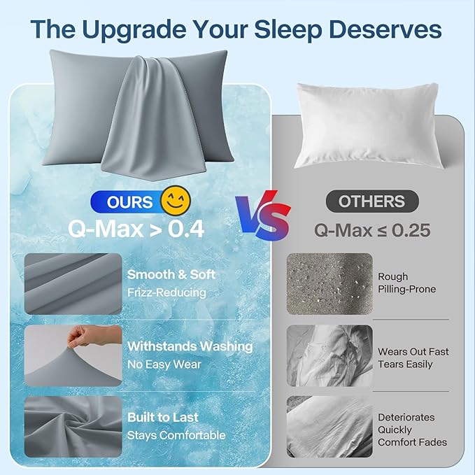 Luxury Cooling Pillowcases Queen Size 2 Pack, Q-Max>0.4 Cool Touch for Hot Sleepers&Night Sweats Beauty Sleep Anti-Frizz, Softer Than Silk Pillowcover Oeko-TEX Certified Elegant Gray