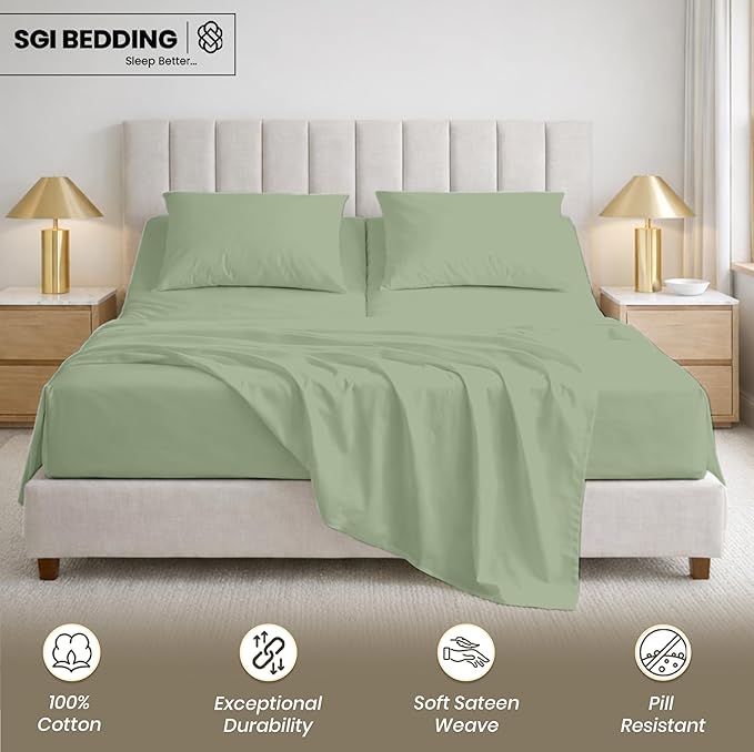 SGI bedding 34" King Split Top Flex Head Sheet 100% Egyptian Cotton Sheet Set 1000 Thread Count Flex Top Sheet for Adjustable Bed 4Pc Sheet Set 15" Deep Pocket for Sleep Number Bed - Moss