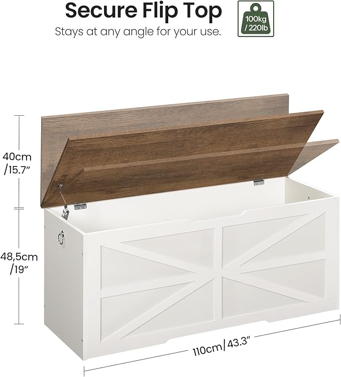 CHOEZON Storage Chest, 43.3" Toy Chest Storage, Farmhouse Storage Bench with Safety Hinge, Storage Trunk, for Bedroom, Living Room, Walnut and White MCW11WL