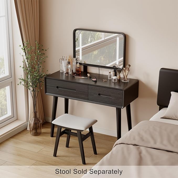 Solid Wood Vanity with Mirror and Lights, Adjustable Brightness, Wood Makeup Vanity with 3 Drawers, Semi-Assembled, Vanity Desk for Bedroom (Black)