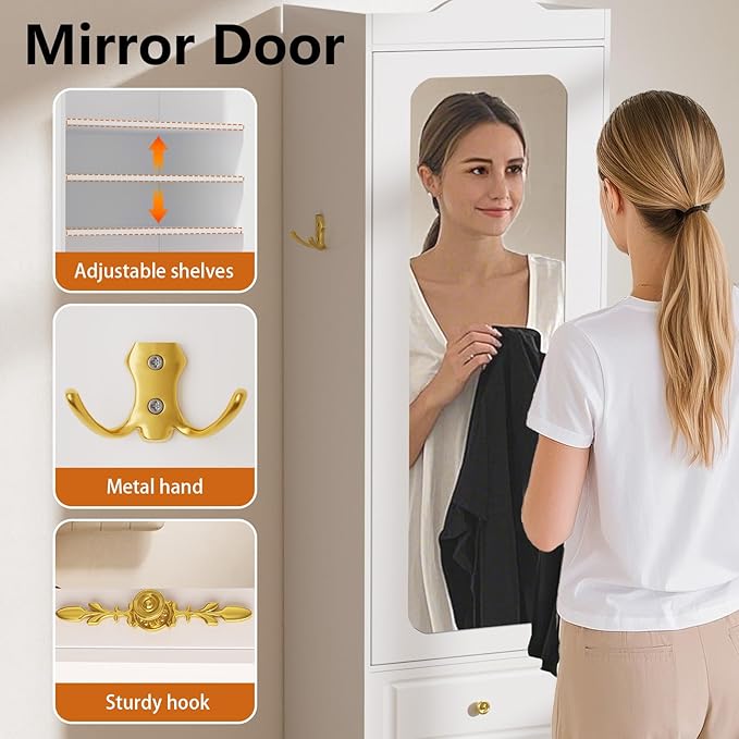 Armoire Wardrobe Closet, Updated Bedroom Armoires Cabinet with Mirror Door and 3 Drawers, 15.7" W White Clothing Storage Cabinet with Hanging Rod & Sensor Light for Bedroom-Right
