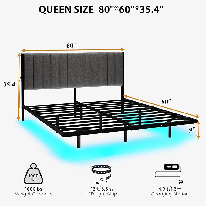 Floating Queen Bed Frame with LED Lights & Charging Station,Modern Metal Platform Bed Frame Queen Size with Upholstered Headboard,No Box Spring Needed,Heavy Duty Steel Slats,Easy Assembly,Noise Free