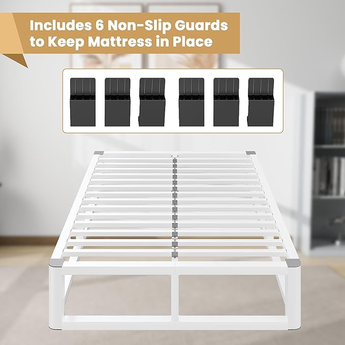14 Inch King Size Bed Frame with Rounded Corner and Headboard Hole, Metal Platform Bed Frames 6 Non-Slip Guards, 3500lbs Heavy Duty Steel Slat Support, Squeak Free, No Box Spring Needed, White