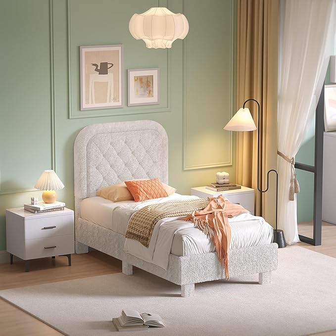VINGLI Twin Bed Frame with Headboard,Cloud Bed Frame with Rounded Corners, Cream Design,Boucle Upholstered Platform Soft Bed with Sturdy Wood Slats Support,for Kids Teens Adults, White