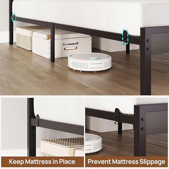 Rolanstar Queen Bed Frame with LED Lights and Charging Station, Wood Storage Headboard and Under Bed Storage, Metal Platform, Noise Free, No Box Spring Needed, Balck Oak