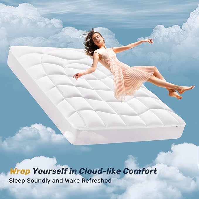 Unikome Waterproof Mattress Pad Queen Size, Ergonomic Quilted Mattress Topper – Soft Breathable Bed Cover with Deep Pocket (Fits 8-21 Inches), Noiseless Durable and Machine Washable (White, 60x80)