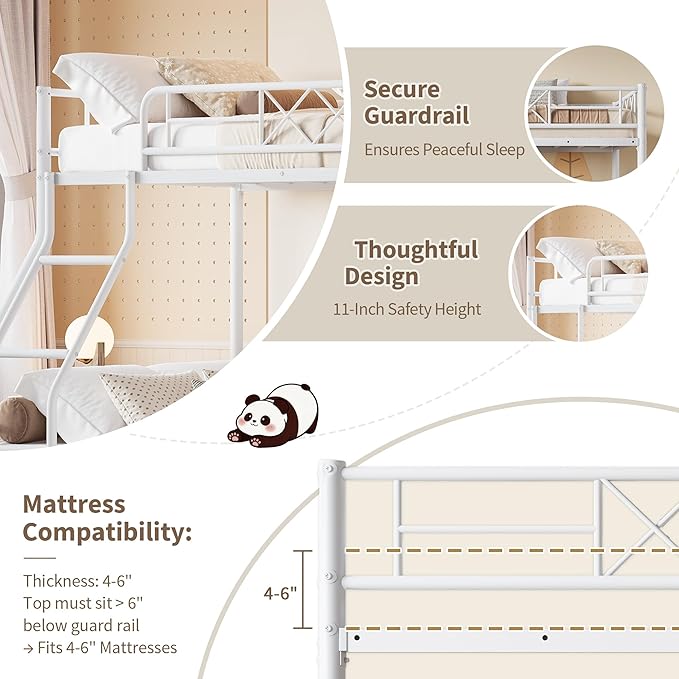 Garvee Bunk Bed Twin Over Full for Adults & Teens, Heavy Duty Metal with Ladder & Safety Rails, No Box Spring Required, Space Efficient Furniture for Bedroom, Dorm, White