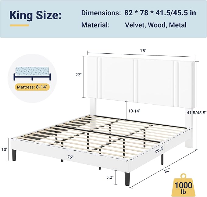 Allewie King Size Platform Bed Frame with Adjustable Headboard, Plush Velvet Upholstered, Vertical Channel Tufted, Sturdy Wooden Slats, No Box Spring Needed, Easy Assembly, White