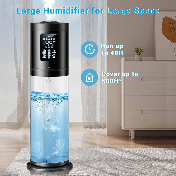 8L/2.1 Gal Humidifiers for Bedroom Large Room, 4 Levels Cool Mist Humidifier with Clear Tank, 7 Color Lights Essential Oil Diffuser with 16H Timer, Top Fill Air Humidifier for Home Plants Office